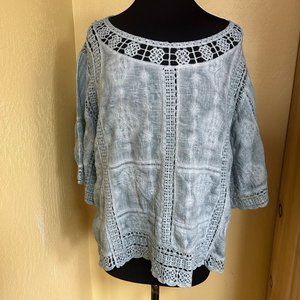 Democracy Boho Flowy Dusty Light Blue Bohemian Blouse Women's Size Large (1415)